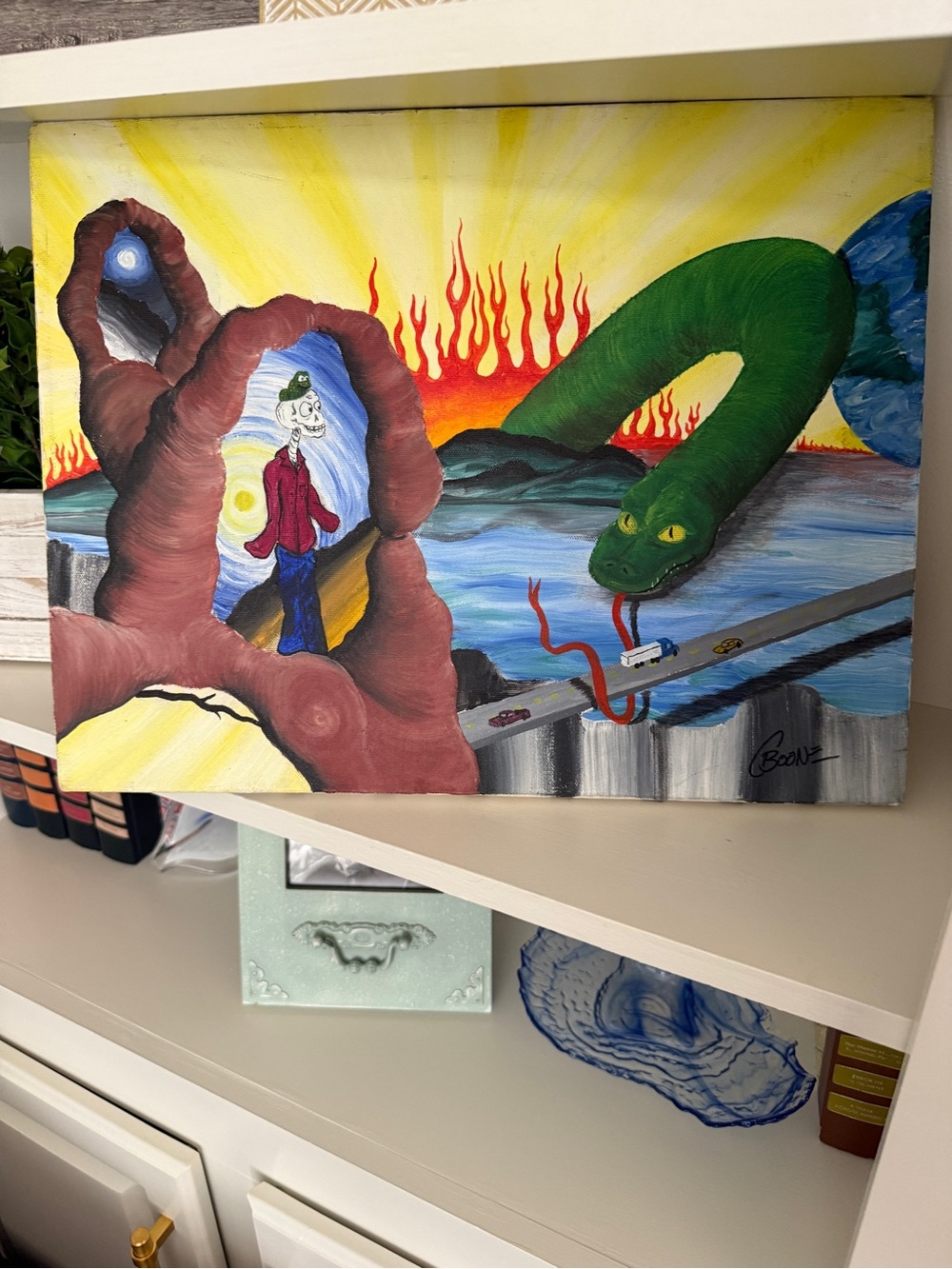 Original Signed Surreal Folk Art Painting on Canvas Snake Skeleton Fire 18x14